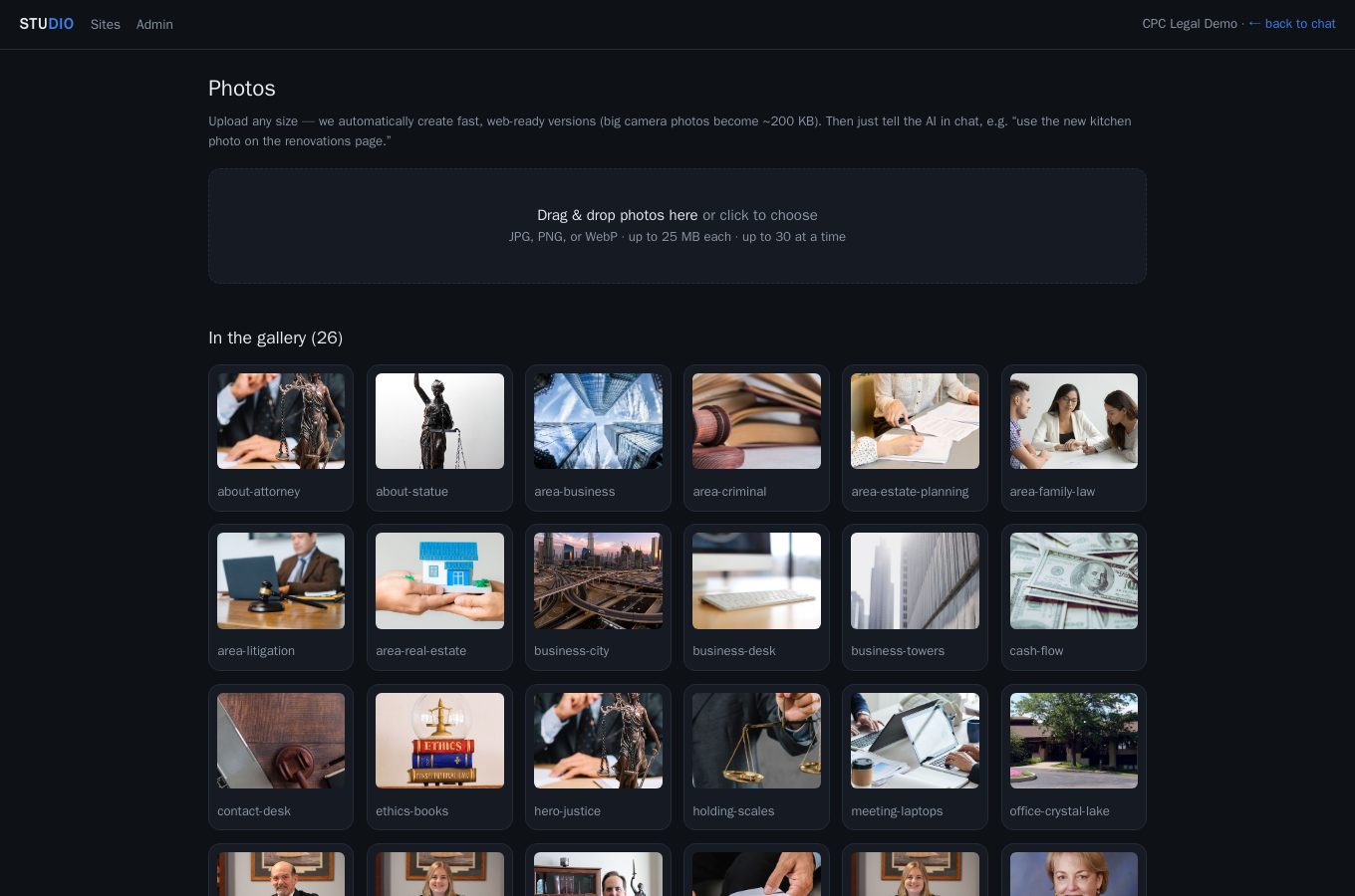 Photos page with drag-and-drop upload and an optimized gallery